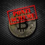 A Ponzi scheme stamp over a Bitcoin.