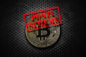 A Ponzi scheme stamp over a Bitcoin.