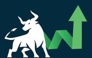 A bull next to a green arrow.