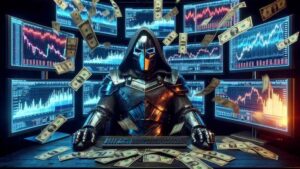 Dr. Doom sitting in front of stock chart computers.