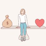 A girl sitting in the middle of a seesaw with money on one side and love on other.