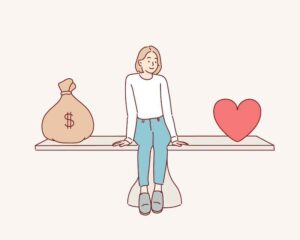 A girl sitting in the middle of a seesaw with money on one side and love on other.