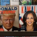 Two magazines side by side of Donald Trump and Kamala Harris.