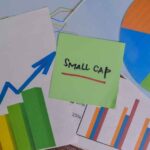 A sticky note that reads “SMALL CAPS” with stock charts in the background.